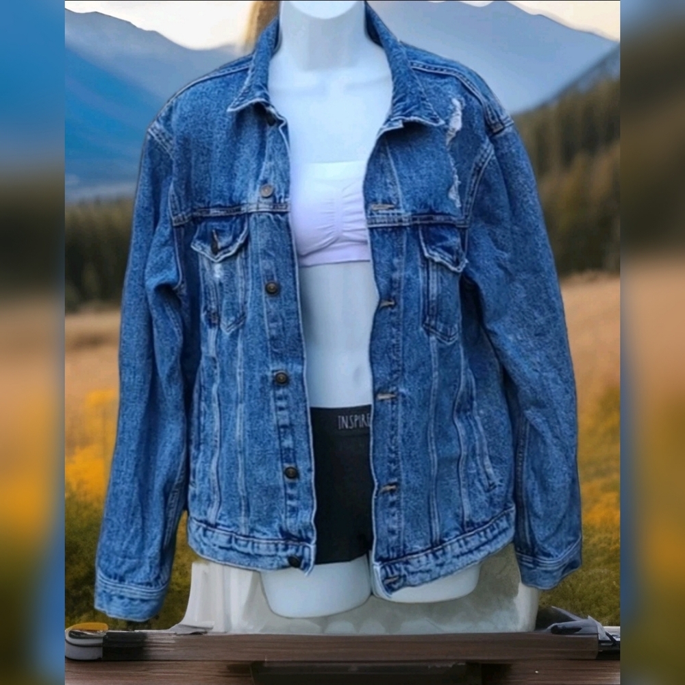 Distressed Jean Jacket by Divided Size Medium 100% Cotton